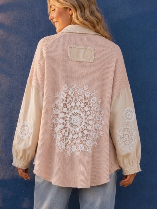 POL Tops - POL Blush Crochet Lace Patchwork Button Up | Shacket Oversized | Large